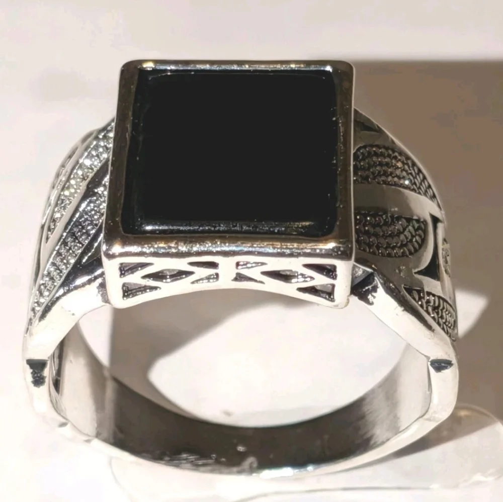 14k White Gold Plate Over Sterling Silver Turkish Gemstone Black Onyx Men's Ring